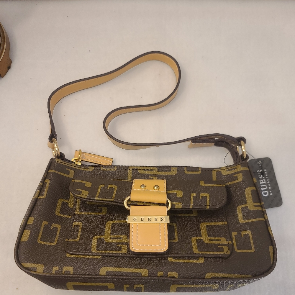 GUESS World Mini Brown Gold Bag/Phone Purse/Brown with Logo /NWT 9X5 inch